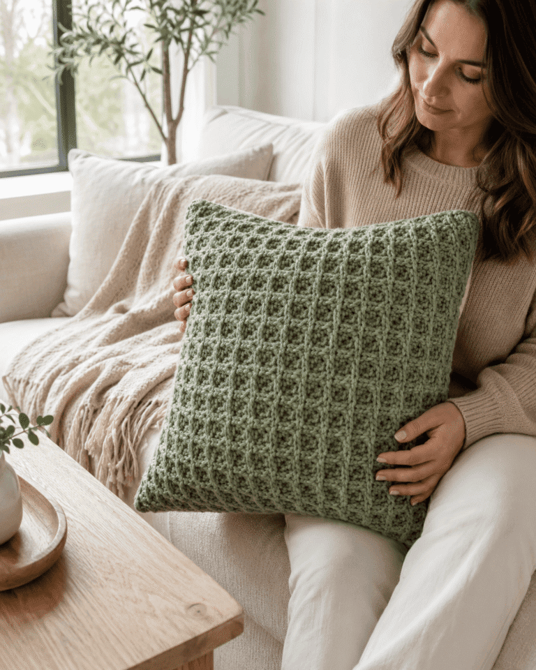 Cozy Sage Waffle Stitch Pillow Crochet Pattern
